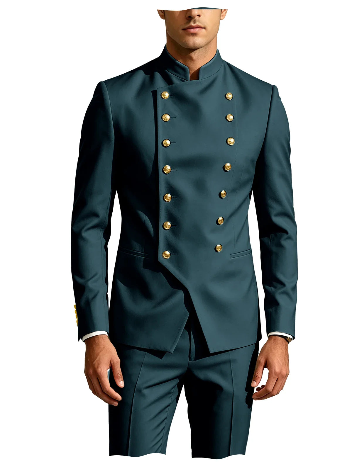 Men's Double Breasted Stand Collor Suit 2 Pieces Blazer Pants Set Slim Fit Business Casual Suit Jacket Formal Wedding Tuxedo