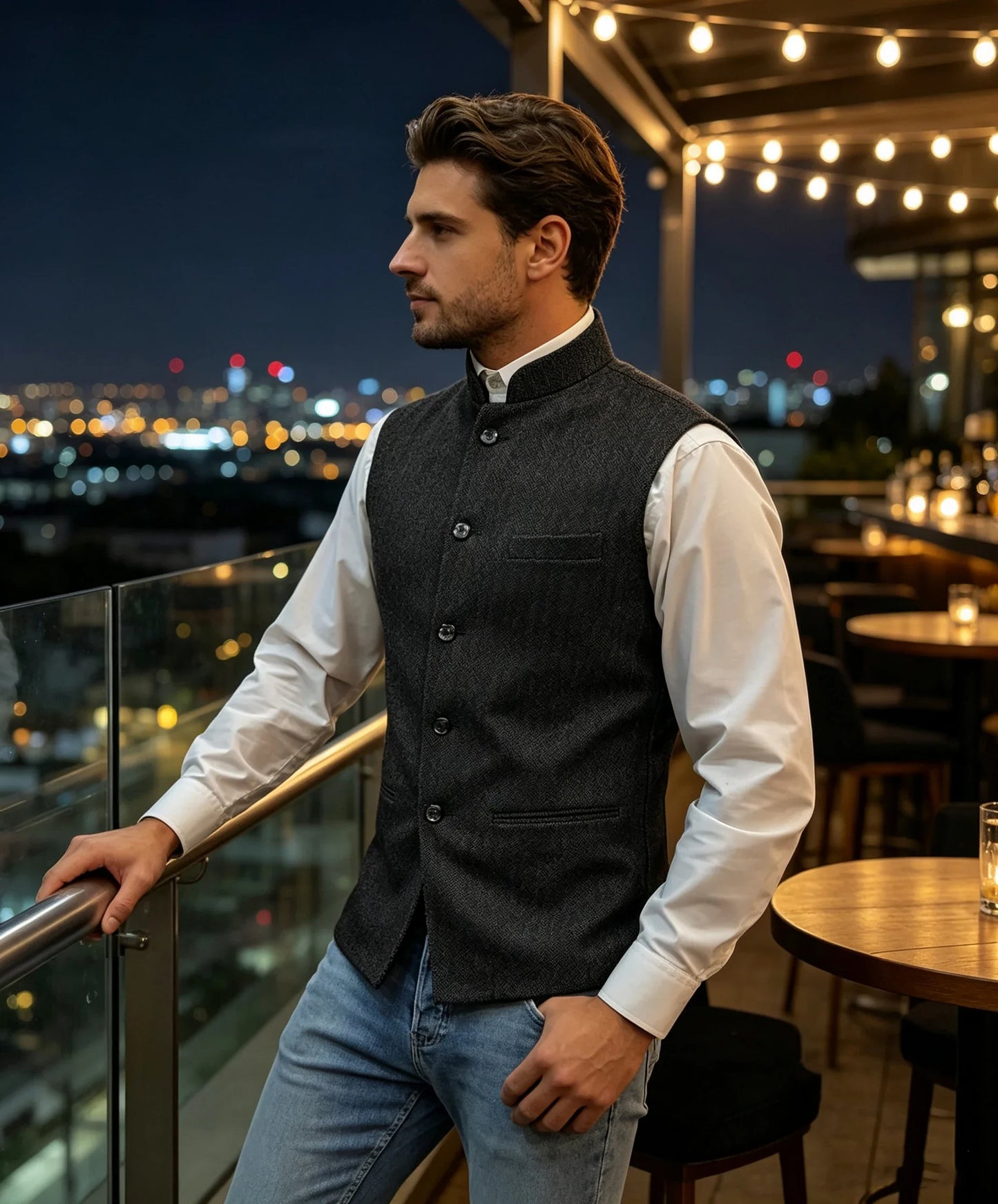 Mens Suit Tweed Vest Stand Collar Single Breasted Herringbone Sleeveless Waistcoat Casual Business Wedding Party Outerwear Gilet