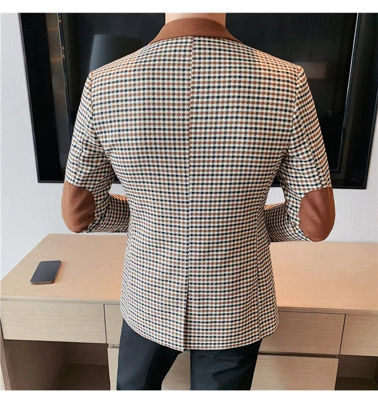 2024 Autumn Winter Korean  Houndstooth Blazer Jackets Fashion Color Matching Lapel Design Casual Men's Plaid Suit Coat Tuxedo