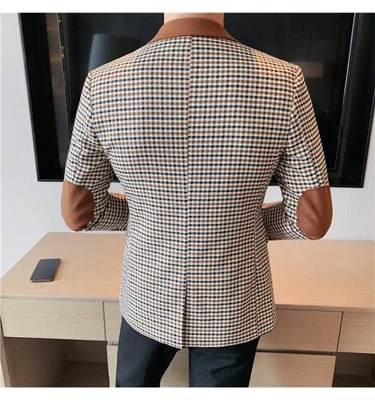 2024 Autumn Winter Korean  Houndstooth Blazer Jackets Fashion Color Matching Lapel Design Casual Men's Plaid Suit Coat Tuxedo