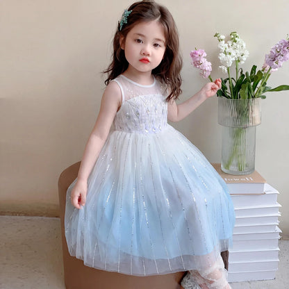 Elsa Princess Dress w/ Cape 2026 New Summer Frozen Cosplay Dresses for Little Girls Birthday Party Sleeveless Mesh Evening Dress