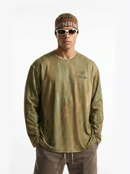 Men's Wasteland Style Long Sleeve T-Shirt - Distressed Digital Print & Loose Elastic Fit Casual Top Unisex