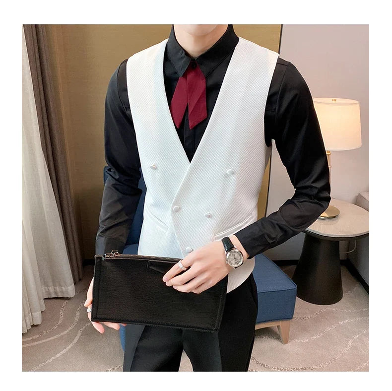 2025 New Fashion Men's Double Breasted Gentleman Dress Casual Vest Fashion Nightclub Bartender Work Clothes V Neck Vest Jacket