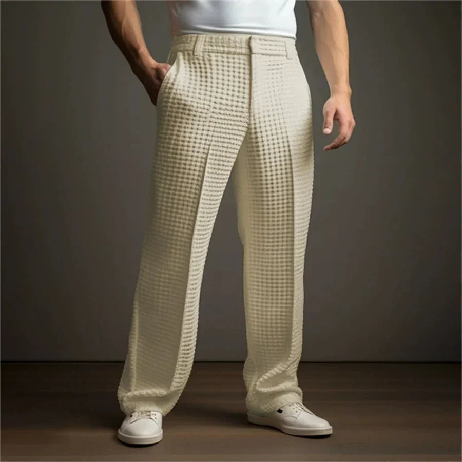 New 2026 Men's Elegant Waffle Suit Pants Solid Loose Straight Trousers Business Social Dress Pants Casual Vacation Pants for Men