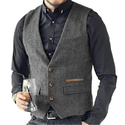 Men Vest Brown Solid Tweed Vest Retro Herringbone Vintage Wedding Groom Banquet Gilet Men Vest Suit