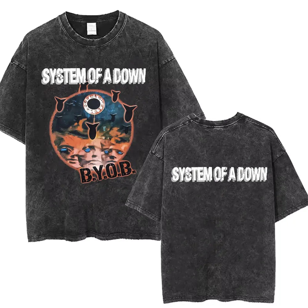 Washed Vintage Rock Band System of A Down Mezmerize Printed T-shirts Men Fashion Classic Metal Tshirt Male Oversized Streetwear