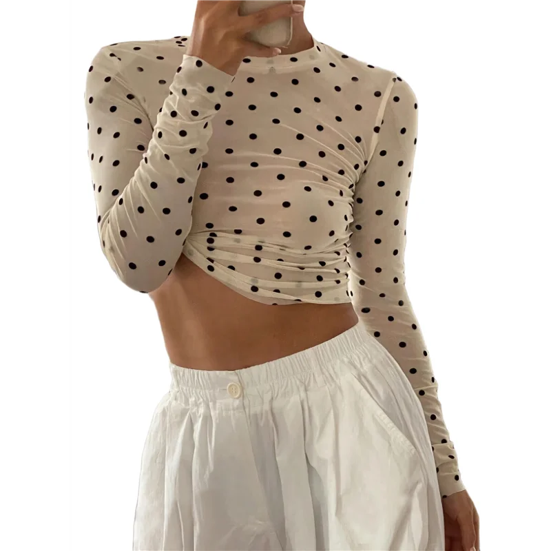 ABRT-Women's Round Neck Polka Dot Perspective Mesh Slim Fit Long Sleeve Shirt