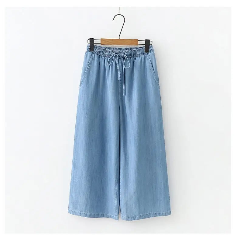 Women's Pants Summer Drawstring Wide-leg Pants Cotton Blue Calf-Length Jeans Pants Mom Elastic Waist Straight Pants Women