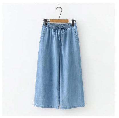 Women's Pants Summer Drawstring Wide-leg Pants Cotton Blue Calf-Length Jeans Pants Mom Elastic Waist Straight Pants Women