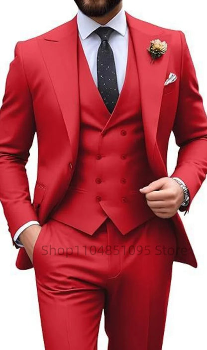 Men's Solid Color Slim Fit Formal Business Suit Wedding 3-Piece Set with Peak Lapel Blazer Vest And Trousers for Party Prom