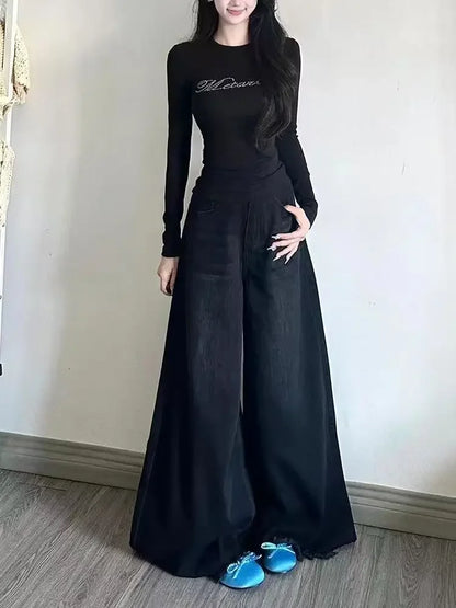 Wide Leg Jeans Women Denim Pants Vintage Straight Trousers Autumn Spring Fashion Female Black Casual Jeans Wide Leg Pants