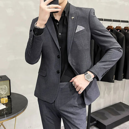( Blazer + Pants ) High End Brand Plaid Men's Casual Formal Office Business Suit Groom Wedding Dress Slim Suit Jacket Trousers