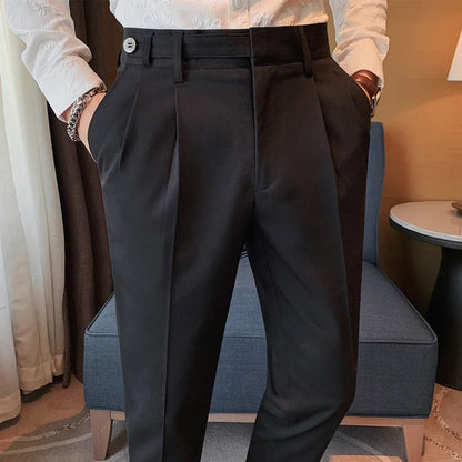 Autumn Winter High Quality Solid Casual Pants Men Belt Design Slim Fit Trousers Formal Office Business Social Party Suit Pants