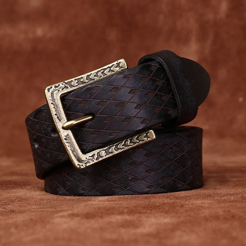 3.8CM Thickened Italian Pure Cowhide High Quality Genuine Leather Belts for Men Carving Strap Male Brass Buckle Jeans Cowboy
