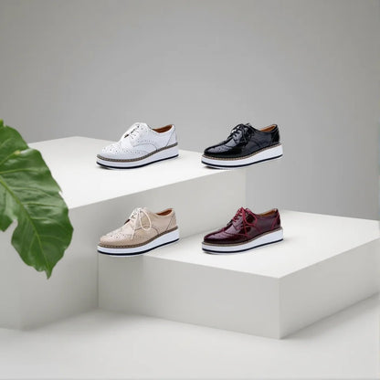 Women's Oxford Flats - Genuine Leather Wingtips Lace-Up Comfort Brogue Derby Patent Platform Casual Shoes for Spring Autumn