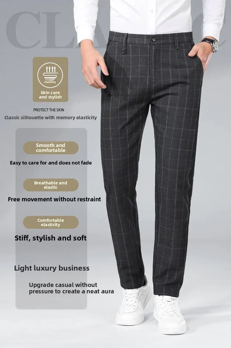 Autumn Winter Men's Business Casual Plaid Pants Korean Fashion Stretch Slim Fit Suit Pants Male Office Formal Versatile Trouser