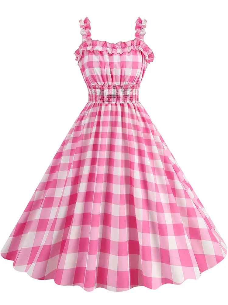 Spaghetti Strap Pink Plaid Dress Women Summer Elegant Vintage 50s Rockabilly Swing Party Dress