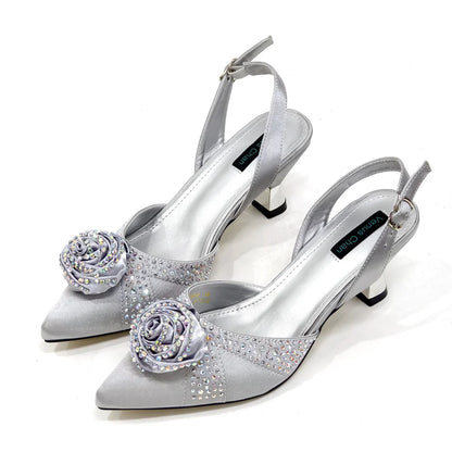 Sparkling Rhinestone Rose Pumps With Medium Heel for Nigerian Women's Party, Pointed Toe Shoes and Matching Bags