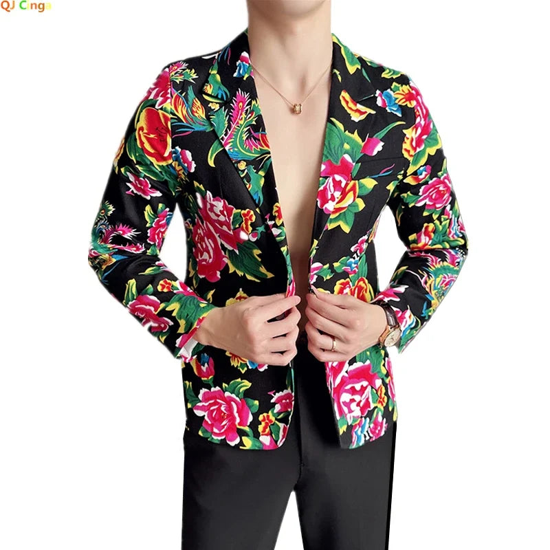 2026 Thin Men's Black Printed Suit Jacket, Asian Size V-Neck Single Button Blazer, Red Nostalgic Style Long Sleeve Cotton Coat.