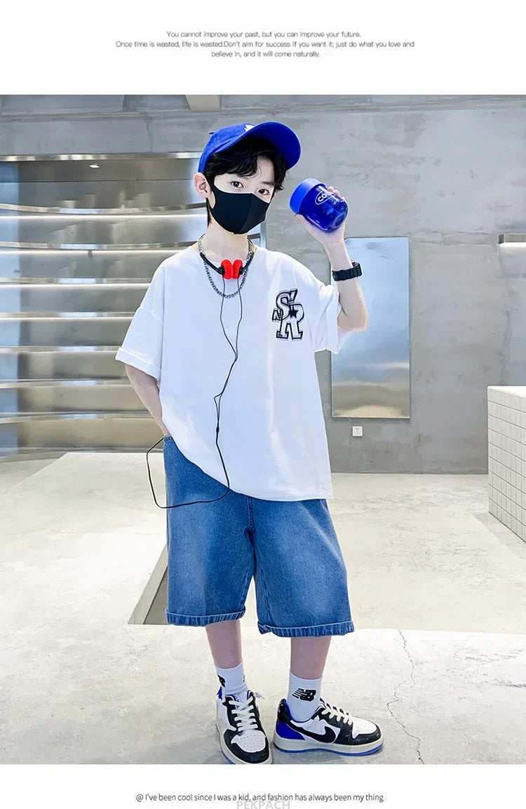 Boys New Summer Clothing Set Kids Short Sleeve T-shirt + Denim Shorts 2pc Sports Outfits for Kids Child Casual Cartoon Tracksuit