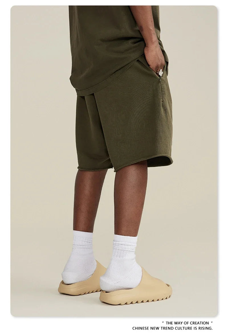 New Summer Men Retro Washed Shorts Unisex Drawstring Loose Edge 420gsm Solid Knee Length Cotton Pants Streetwears HY0589
