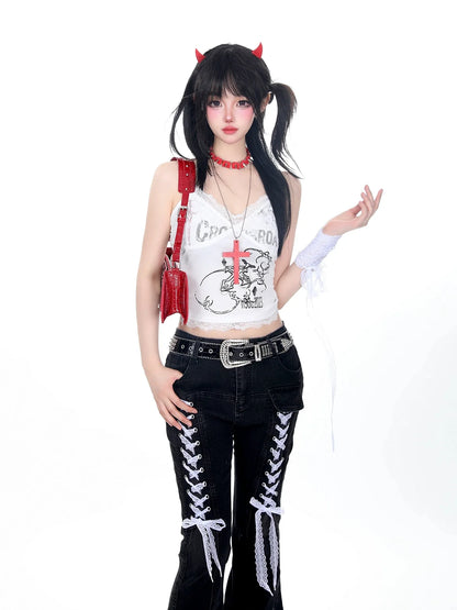 2025 Autumn Winter Women Designer 2000s Harajuku Lace Gothic Flare Denim Pants Y2k Japanese Streetwear Jean Baggy Bell Bottom