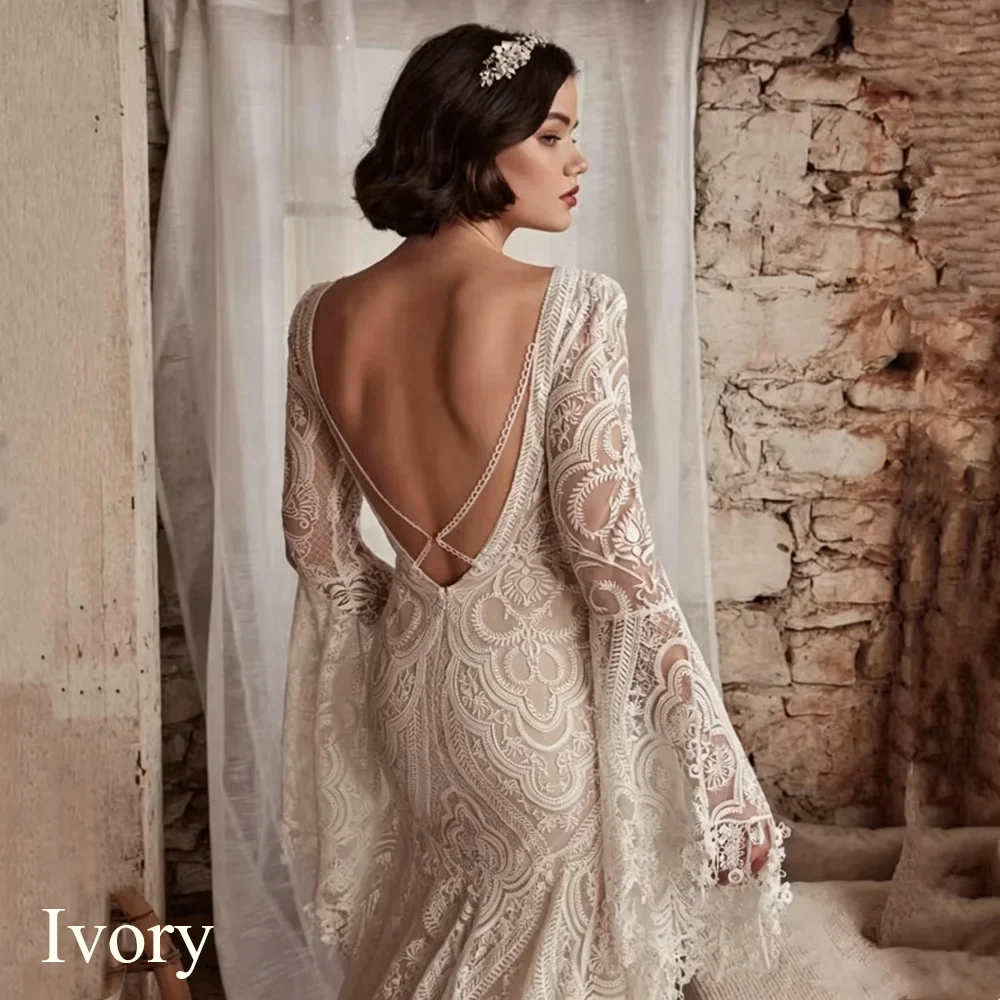2026 Boho Mermaid Wedding Dresses Long Sleeve Pleat Sexy Lace Illusion Bridal Gown V-Neck Backless Zipper Sweep Train Customized