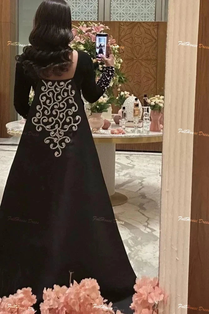 Custom Made O-neck Solid Sexy Sheath Backless Evening Dress Long Sleeve Beaded Crystal Floor Length Party Dress with Court