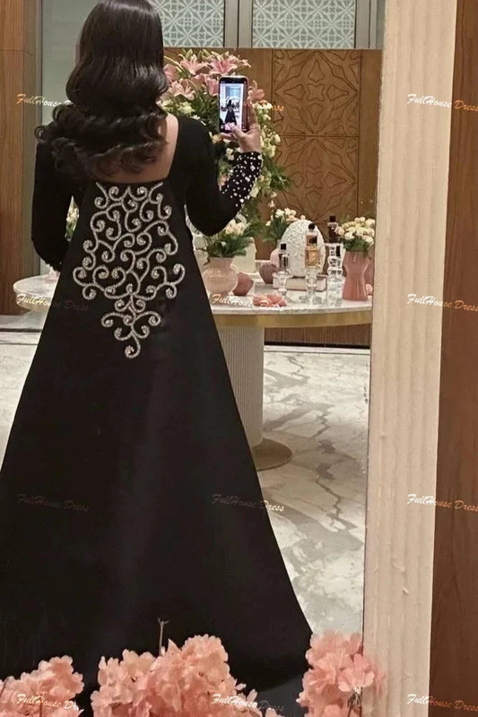 Custom Made O-neck Solid Sexy Sheath Backless Evening Dress Long Sleeve Beaded Crystal Floor Length Party Dress with Court
