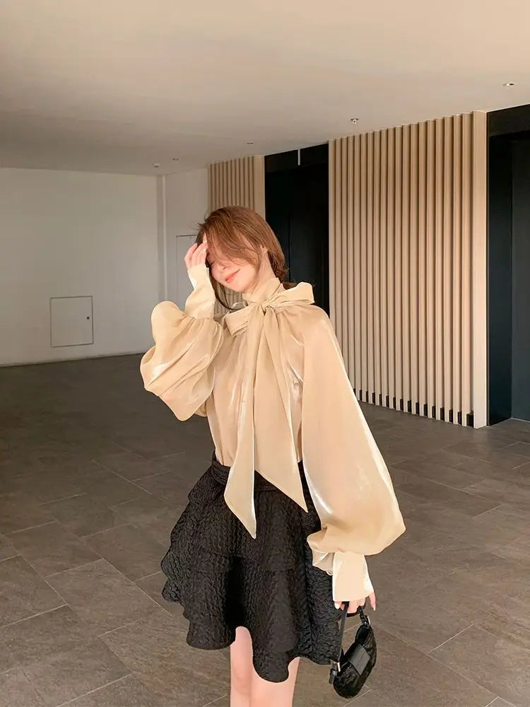 Spring Autumn Women Fashion Tops New Shirts Lantern Sleeve Stand Collar Solid Casual Vintage Elegant Temperament Long-Sleeved