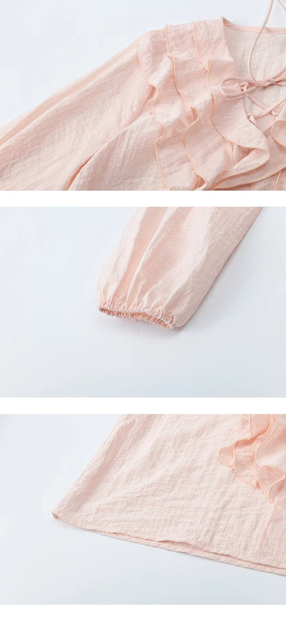 Pink Ruffled Blouse for Woman 2025 Autumn New Elegant Sweet V-neck Lace-up Design Shirt Lantern Sleeves Top MXE49X2504
