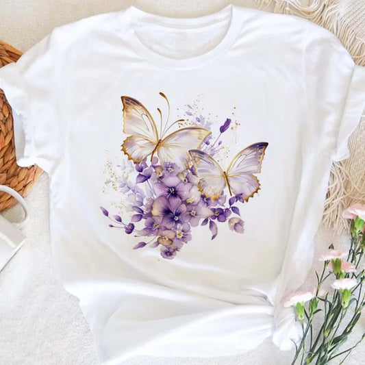 Purple Floral Butterfly Printed Women T Shirt New White T Shirt Harajuku Casual Cute Graphic Tee Shirt Female