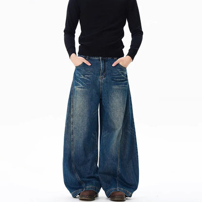 Spring New Men'S Jeans Wide Leg Pants Loose Machete Jeans Vintage Lightning Cracked Denim Trousers