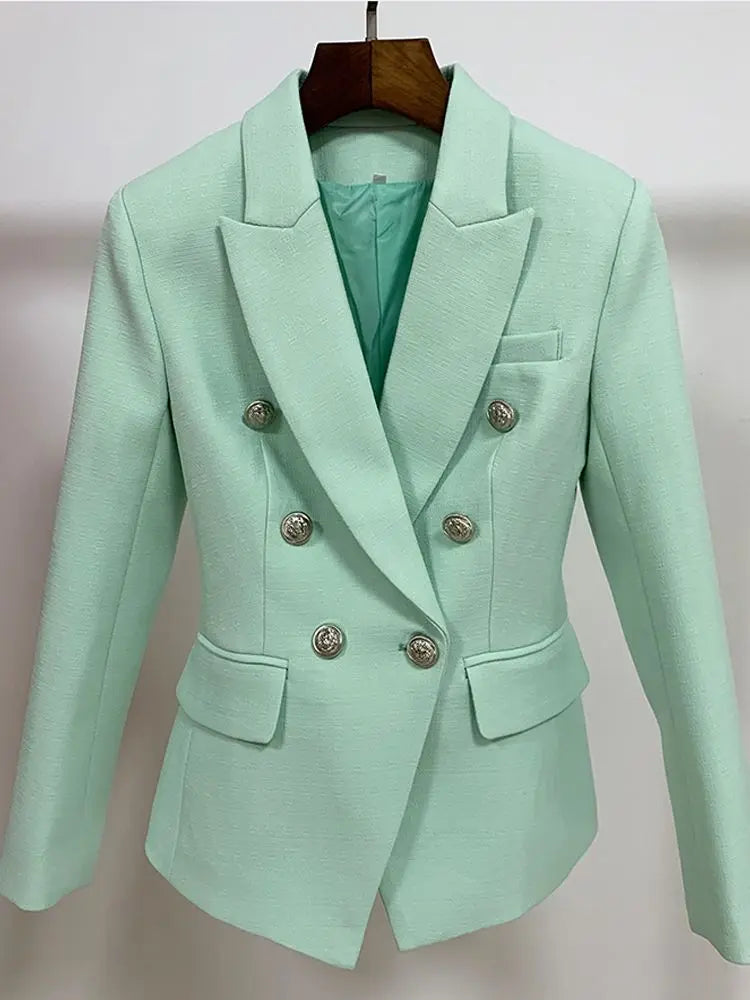 HIGH STREET 2026 Classic Baroque Designer Jacket Women's Metal Lion Buttons Double Breasted Textured Blazer Mint Green