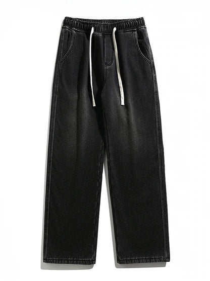Men's Winter Jeans Fleece-Lined Brushed Thick Warm Denim Pants Korean Style Straight Fit Insulated Trousers Asians Size M-3XL