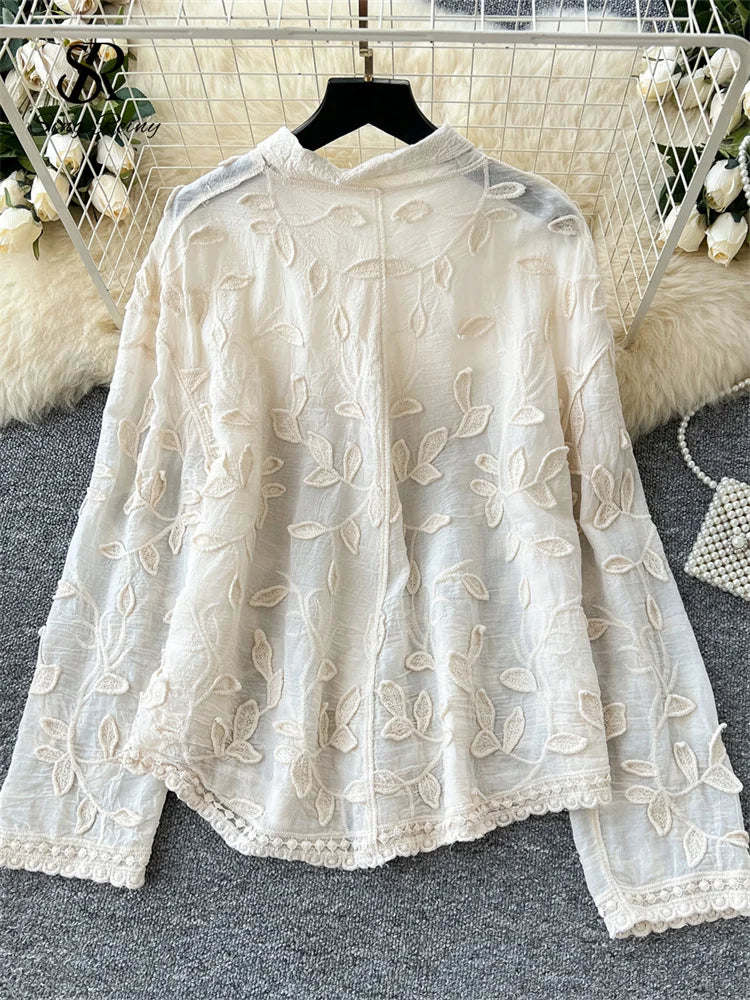 2025 Spring Gentle Women Blouse Leaves Embroidery Single Breasted Long Sleeves Summer Thin Streetwear Casual Shirt