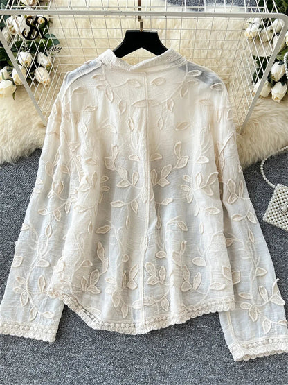 2025 Spring Gentle Women Blouse Leaves Embroidery Single Breasted Long Sleeves Summer Thin Streetwear Casual Shirt