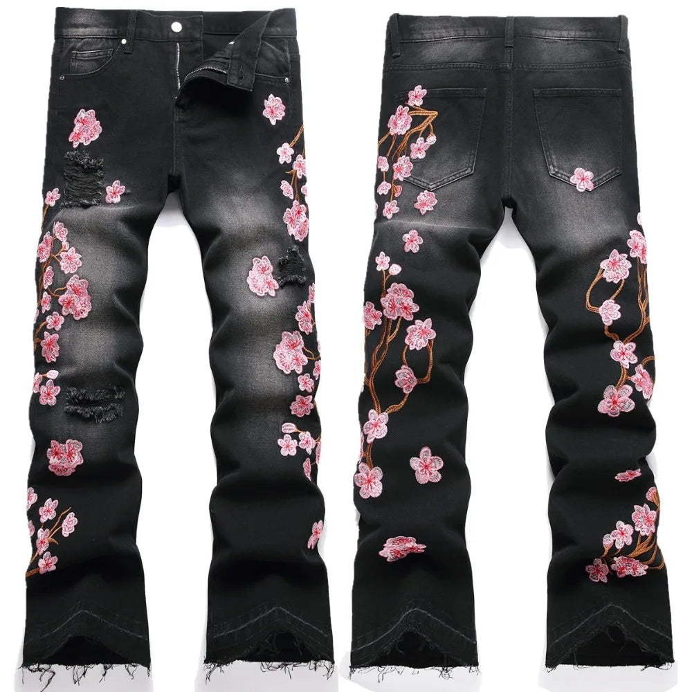 Men Straight Jean Denim Pants Jeans Loose Ankle Length Pant Pockets Casual Washed High Street Distressed Zipper Fly Spliced