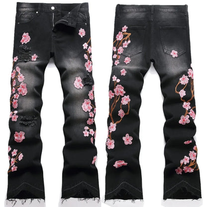 Men Straight Jean Denim Pants Jeans Loose Ankle Length Pant Pockets Casual Washed High Street Distressed Zipper Fly Spliced