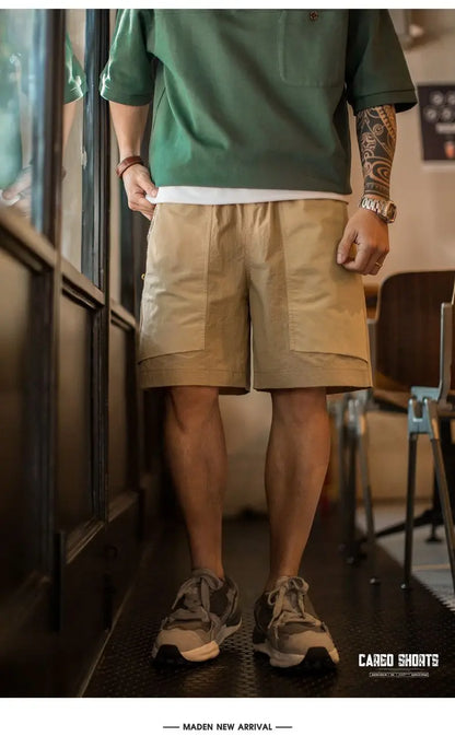 Maden Outdoor Quick-Dry Khaki Cargo Shorts Men's Summer Lightweight Woven Straight Leg Beach Pants Elastic Waist Pocket Shorts