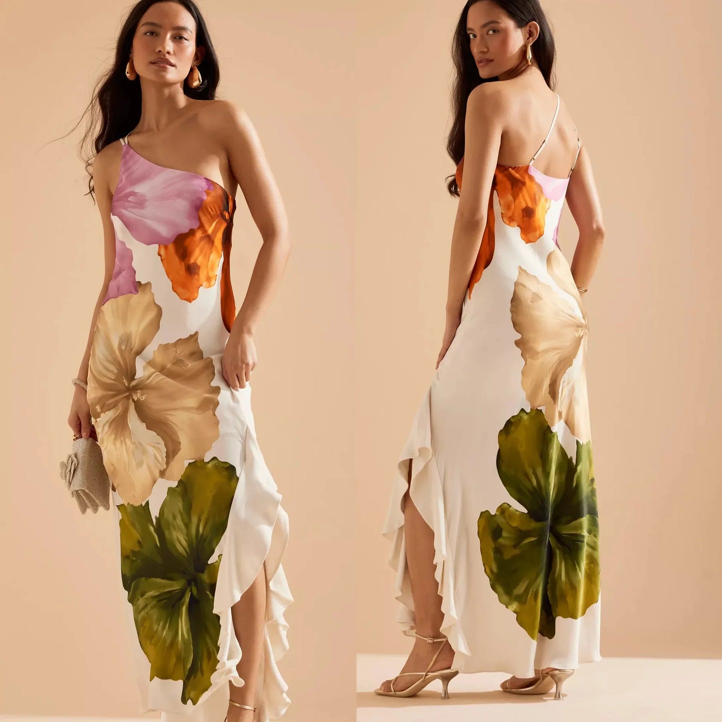 Fashion Women Printed Curling Edge Long Dresses Irregular One Shoulder Open Fork Gown Women Summer 2025 Party Vestidos