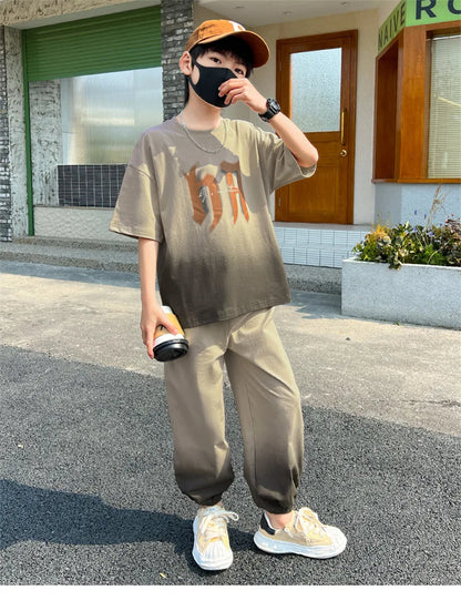 Summer Boys Leisure Gradient T-Shirt Top+Loose Sweatpant Workout Set School Kids 2PCS Tracksuit Children Vacation Outfit 5-16 Yr