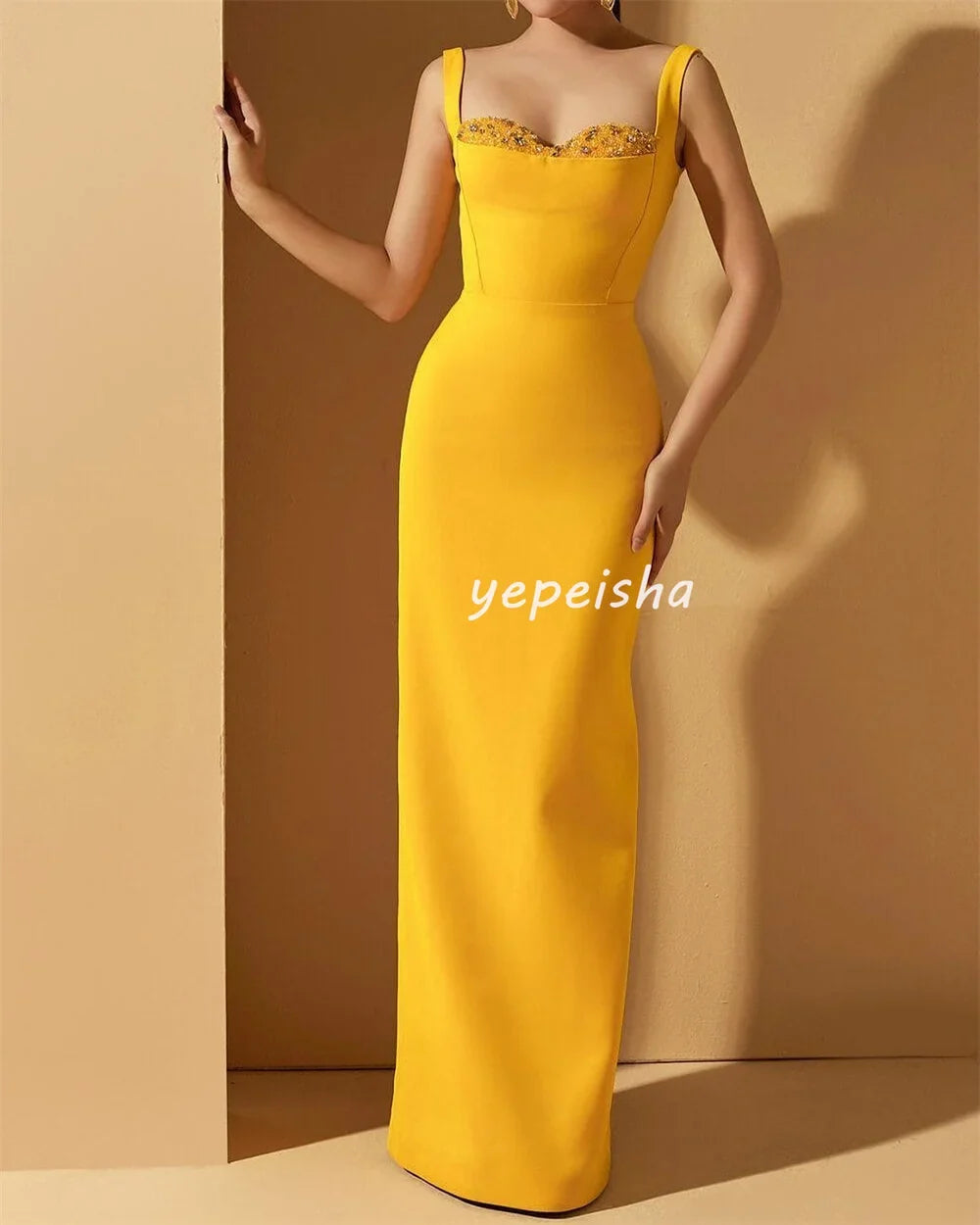 Customized Exquisite Fashion Jersey Beading Sequined Straight Square Neck Long Dresses Bespoke Occasion Dresses Modern Style