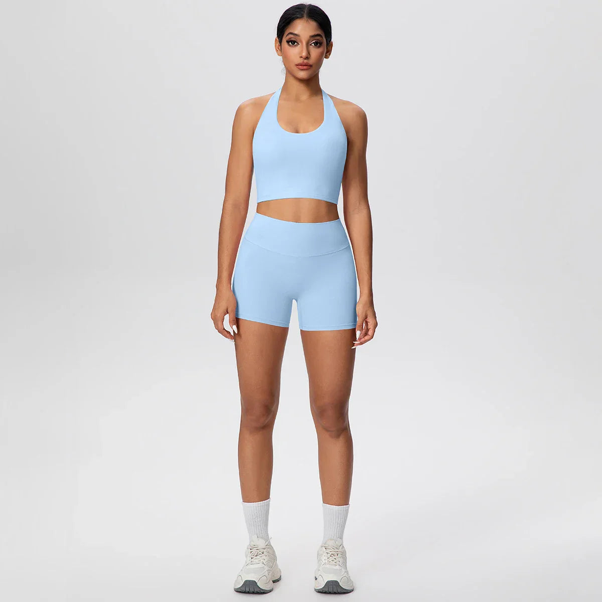 2picese Women Yoga Suit Solid Color High Waist Hip Push Up Fitness Shorts Sexy Pilates Backless Gym Hanging Neck Bra Yoga Set