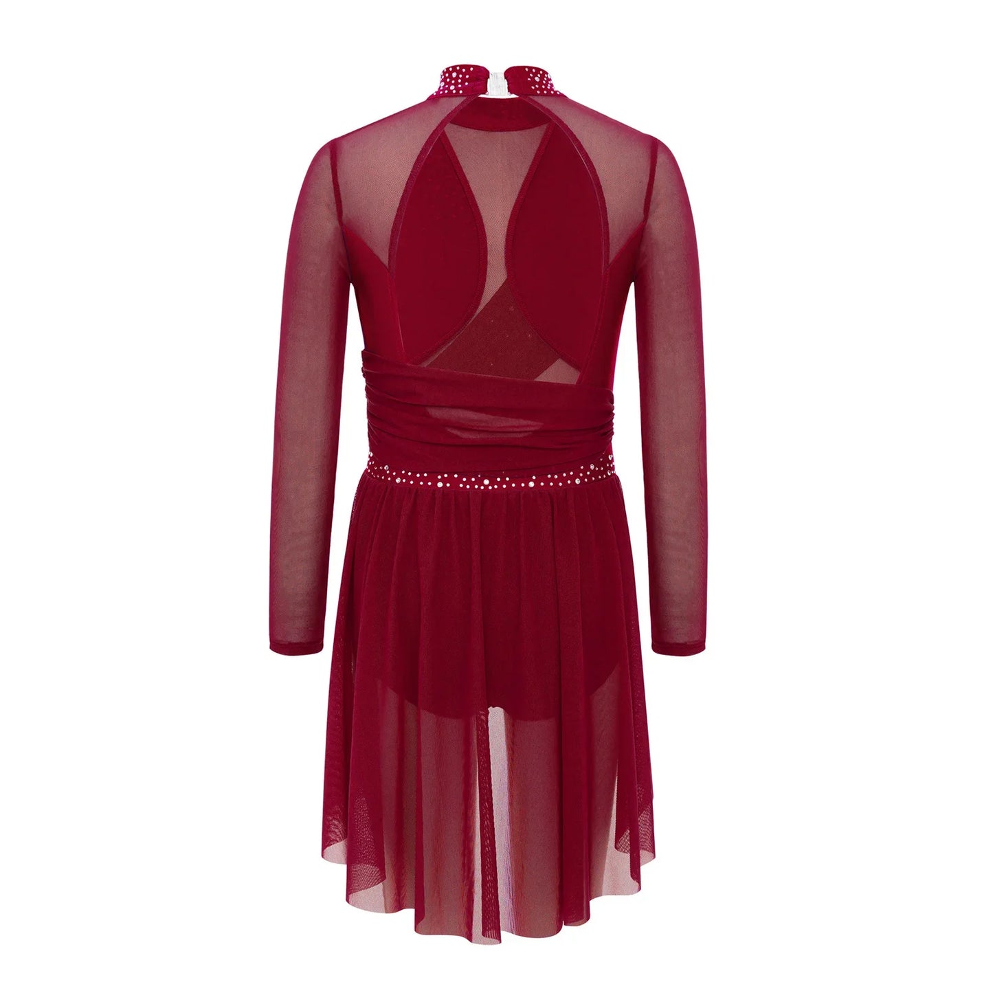 Kids Girls Gymnastics Figure Skating Ballet Lyrical Dance Costume Dress Side Split Sheer Mesh Ruched Glittery Rhinestones Dress