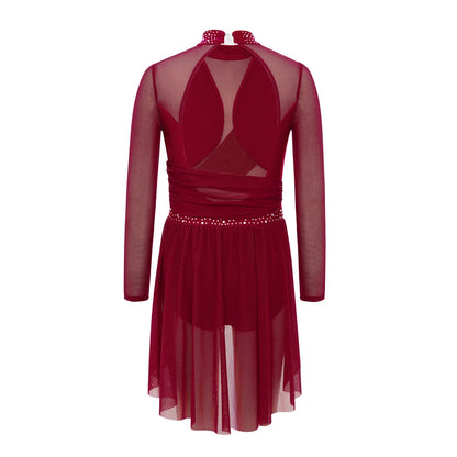 Kids Girls Gymnastics Figure Skating Ballet Lyrical Dance Costume Dress Side Split Sheer Mesh Ruched Glittery Rhinestones Dress