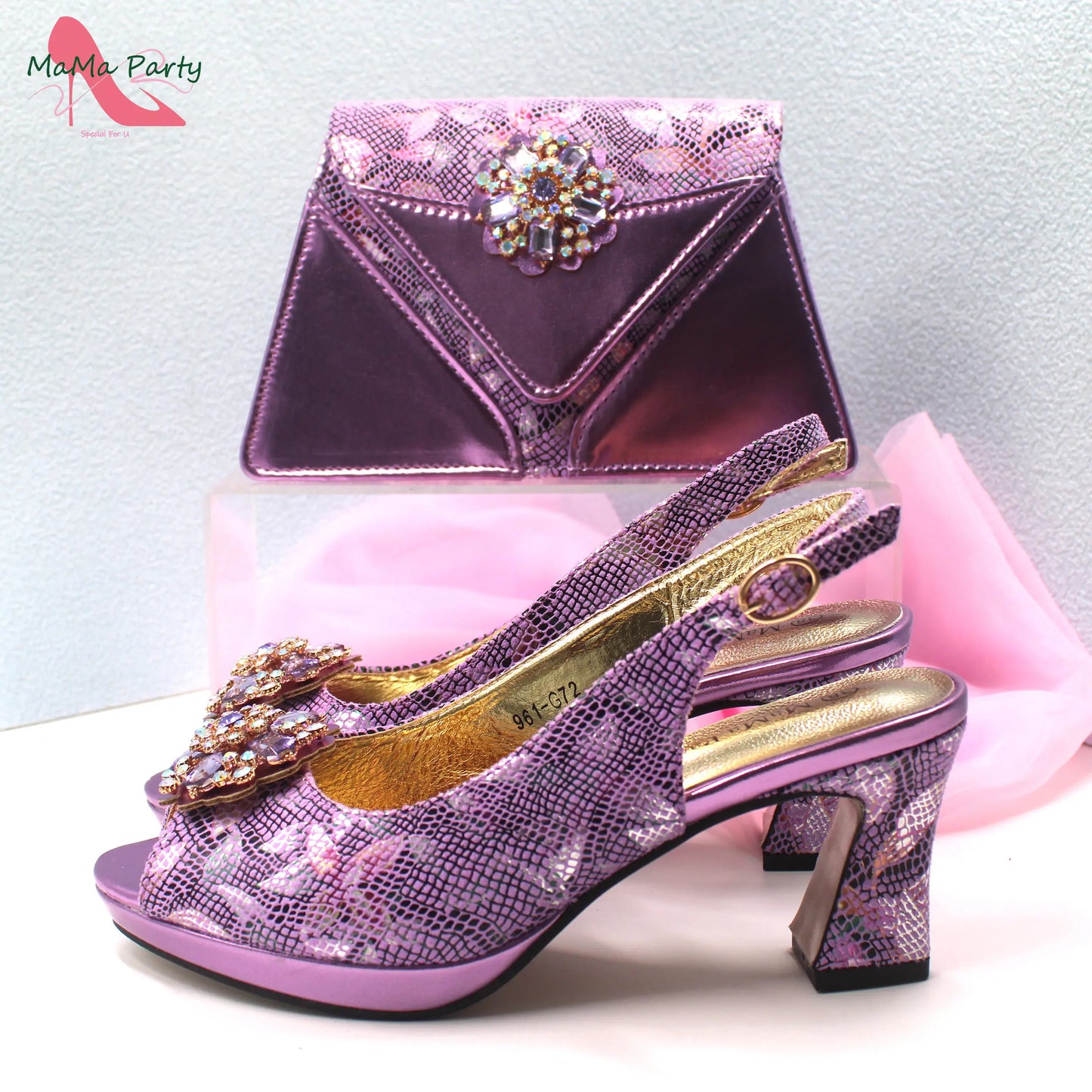Special Design New Coming INS Hot Sale African Women Shoes and Bag Set in Pink Color with Shinning Crystal for Party