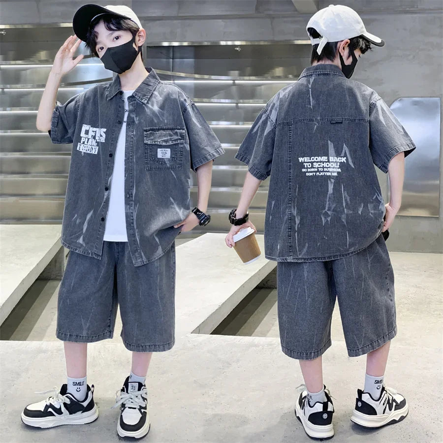Cool Summer Set for Boys Denim Top and Bottom Set Kids Child Short Sleeve Shirt And Shorts 2 Pieces Outfits Suit Age 5-14 Years