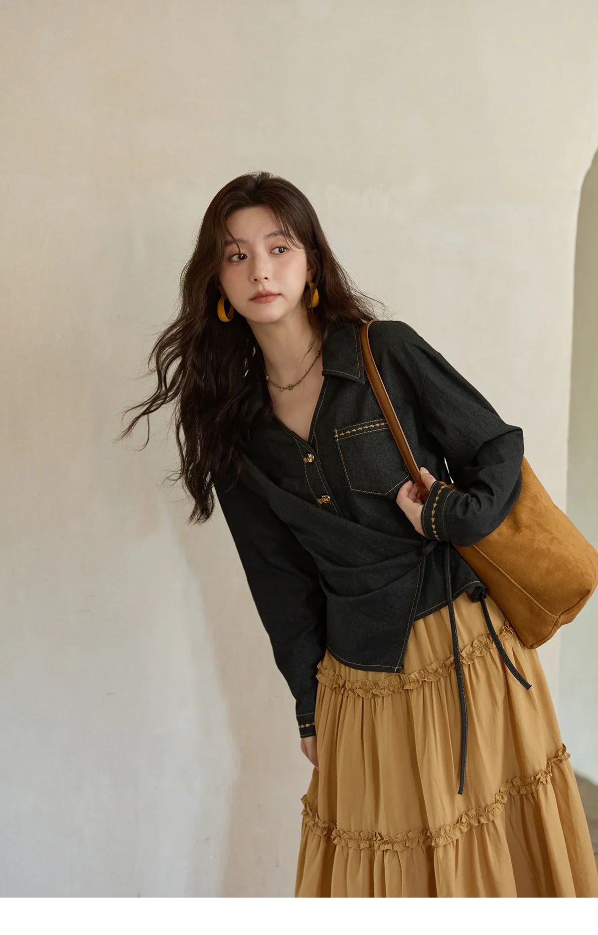 Autumn Retro Black Imitation Denim Shirt 2025 Side Lace-up Solid Shirts Lapel V-neck Retro Button Casual Tops MXE42C2374