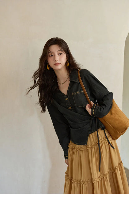 Autumn Retro Black Imitation Denim Shirt 2025 Side Lace-up Solid Shirts Lapel V-neck Retro Button Casual Tops MXE42C2374